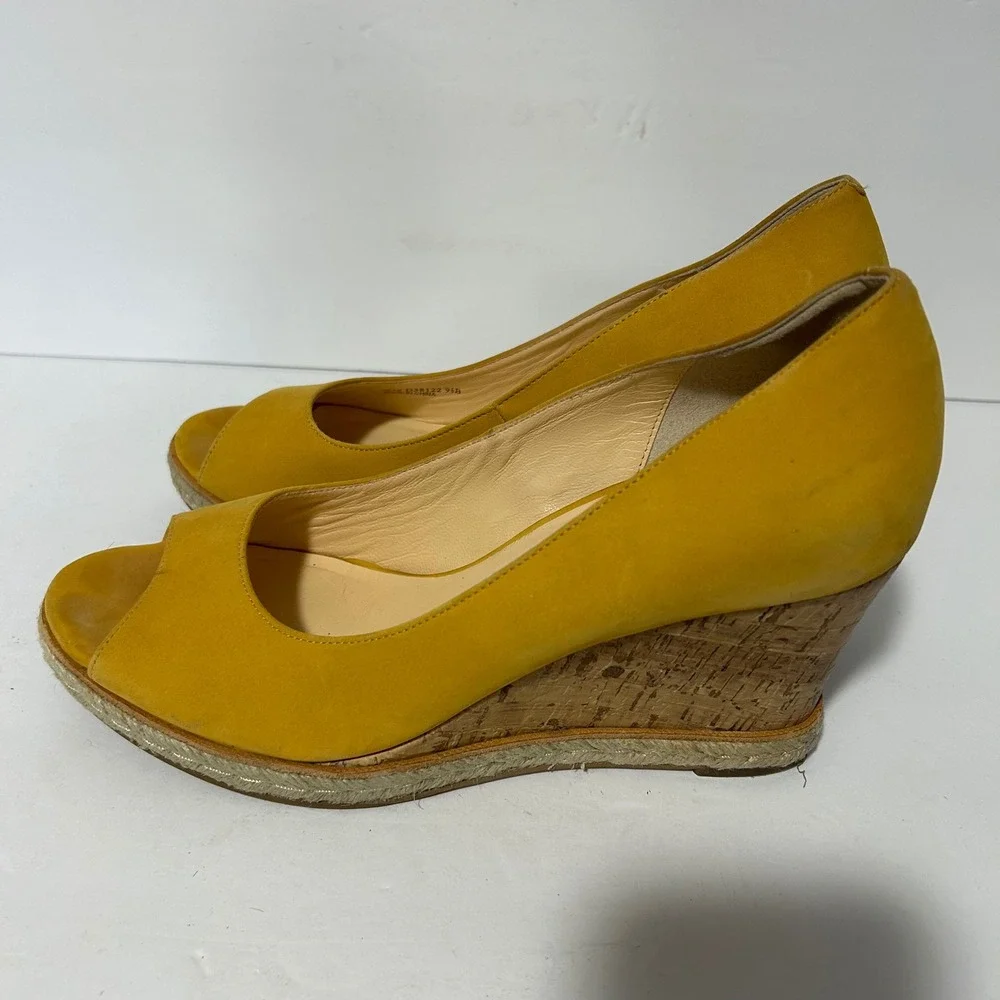 Cole Haan Peep Toe Wedges Women 9.5B Mustard Yellow Good Cork Espadrille D38122